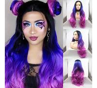Colour Blue Ombre Dark Purple Rose Red Synthetic Lace Front Wigs for Women 4 Tone Color Heat Resistant Party Cosplay Drag Queen Wigs (Colour Blue Ombre Dark Purple Rose Red)