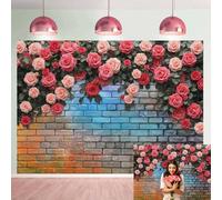 Colour Brick Wall Floral Backdrop 7x5FT Spring Pink Flower Photography Background for Mother‘s Day Party Banner Wedding Bridal Shower Birthday Decoration Supplies (84x60 inch)