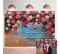 Colour Brick Wall Floral Backdrop Spring Pink Flower Photography Background for Valentine's Day Wedding Bridal Shower Birthday Party Decoration Supplies (7x5FT: 84x60 inch)