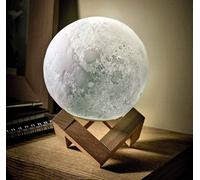 Colour Changing 3D Moon Lamp - Usb Rechargeable Night Light With Wooden Stand - Measures H16 X 11Cm Diameter