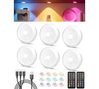 Colour Changing Rechargeable Under Cabinet Lights, 2400mAh Battery Wireless LED Puck Lights with Remote and USB Charge Touch Spotlights Magnetic Stick On Spot Lights for Kitchen Cupboard Display Shelf