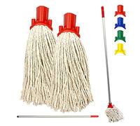 Colour Coded Floor Mop Set - 120cm Long Aluminium Mop Handle and Pack of 2 String Heads Replacement for Domestic and Commercial Cleaning (Red)