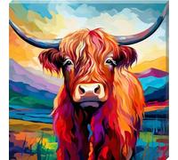Colour Splash Grazing Highland Cow In Field Canvas Scottish Wall Art Bright Picture (20" X 20" (508MM X 508MM))