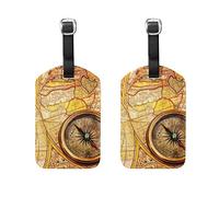 Colour2 Vintage Compass Lies On an Ancient World Map PU Leather Luggage Tags with Full Back Privacy Cover Suitcase Labels Bag Travel Accessories - Set of 2