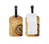 Colour2 Vintage Compass Lies On an Ancient World Map PU Leather Luggage Tags with Full Back Privacy Cover Suitcase Labels Bag Travel Accessories - Set of 1