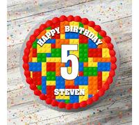 Coloured Building Bricks Personalised Edible Icing Cake Topper, 7.5" Round