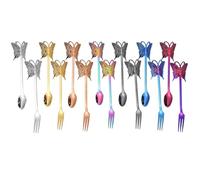 Coloured Butterfly Spoons，Butterfly Fork Spoon Set，Stainless Steel Kitchen Cutlery Set，Coffee Butterfly Handle Spoon for Milk Tea Shops Stirring Ice Cream(14 Spoon Forks)