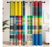 Coloured Checked Abstract Pattern Blackout Curtains - Modern, Abstract, Bold, Luxurious Eyelet Curtains, 2 Window Curtain Panels for Modern Living Room