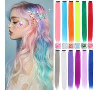 Coloured Hair Extensions Straight Clip in Hair Extensions for Body Face Glitter Multicoloured Rainbow Pink Red Hairpiece for Kids Girls Women 22 Inch (Glitter + 12 Colors)