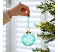 Coloured Recycled Glass Ribbed Baubles - Fair Trade Holiday Décor - Handmade Xmas Hanging Glass Ornaments - Christmas Tree Decoration (Aqua)