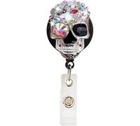Coloured Skull Diamond Badge Reel Cute Retractable Rhinestone Badge Holder Name ID Badge Clip with Swivel Alligator Reel Clip Badge Holders for Teachers Students Nurse Doctor