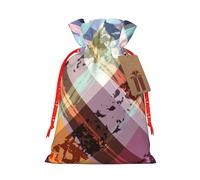 Coloured Twill Lattice Printed Christmas Drawstring Bags with Red Christmas Ribbon - Reusable Burlap Drawstring Gift Pouches, M