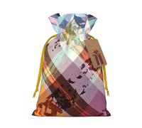 Coloured Twill Lattice Printed Christmas Drawstring Bags with Yellow Christmas Ribbon - Reusable Burlap Drawstring Gift Pouches, M