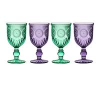 Coloured Wine Glasses, Set of 4, Green & Purple Mandala - Dishwasher Safe - 300ml Wine Goblets