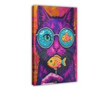 Colourful Animal Cat Eating Fish Oil Painting Art Canvas Poster Bedroom Decor Landscape Office Room Decor Gift 08x12inch(20x30cm)
