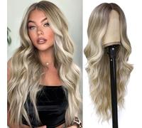 Colourful Ash Blonde Wig Long 26 Inches for Women Ombre Blonde Reflective Wigs Synthetic Lace Wigs with Stripes in the Middle for Daily Use Cosplay Party