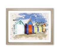 Colourful Beach Huts in Melbourne Australia No.1 Modern FC Framed Print | A4 Oak Framed Wall Art | Ready to Hang | Modern Beach Picture | Living Room Bedroom Lounge Office