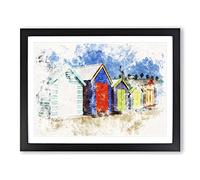 Colourful Beach Huts Watercolour Modern Framed Wall Art Print, Ready to Hang Picture for Living Room Bedroom Home Office Décor, Black A4 (34 x 25 cm)