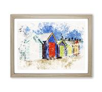 Colourful Beach Huts Watercolour Modern Framed Wall Art Print, Ready to Hang Picture for Living Room Bedroom Home Office Décor, Oak A4 (34 x 25 cm)