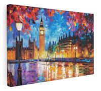 Colourful Big Ben London At Night Oil Painting Canvas Wall Art - Wall Art Print for Living Room, Bedroom, Office, Framed Artwork (77cm x 51cm / 30 x 20inch)
