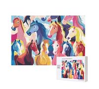 Colourful Cartoon Horses Printed 300 Pieces Jigsaw Puzzle with Storage Box, Wooden Puzzle for Adults and Kids, Family Fun Decorative Game, 40x28 CM