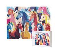 Colourful Cartoon Horses Printed 500 Pieces Jigsaw Puzzle with Storage Box, Wooden Puzzle for Adults and Kids, Family Fun Decorative Game, 52x38 CM
