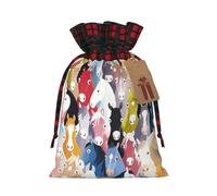 Colourful Cartoon Horses Printed Christmas Drawstring Linen Gift Bags – Reusable Burlap Fabric Bags With Tags For Christmas Gifts, Party Favors, Wedding Decor & Holiday Packaging 2 Sizes