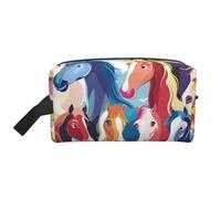 Colourful Cartoon Horses Printed Cosmetic Case with Handle, Lightweight Compact Storage for Makeup, Toiletries & Gadgets, Make up Organiser for Travel, School, Work