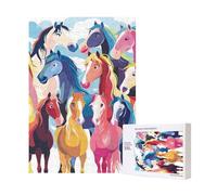 Colourful Cartoon Horses Printed Jigsaw Puzzle with Storage Box, Wooden Puzzle for Adults and Kids, 300 Pieces Family Fun Decorative Game
