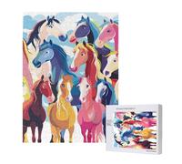 Colourful Cartoon Horses Printed Jigsaw Puzzle with Storage Box, Wooden Puzzle for Adults and Kids, 500 Pieces Family Fun Decorative Game