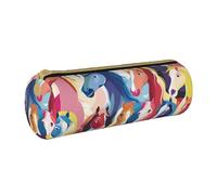 Colourful Cartoon Horses Printed Leather Pencil Case Round Pen Pencil Pouch Office Large Pencil Bag Stationery Box for Men Women Teens Students