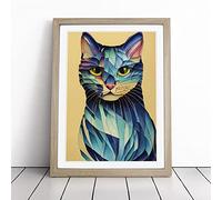 Colourful Cat No.3 Abstract Framed Wall Art Print - Ready to Hang Picture - Modern Art for Living Room Bedroom Kitchen Home - Oak A4 (27 x 36 cm)
