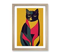 Colourful Cat No.4 Abstract Framed Print for Living Room Bedroom Home Office Décor, Wall Art Picture Ready to Hang, Oak A4 Frame (34 x 25 cm)