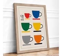Colourful Ceramic Mugs Mid-Century Framed Wall Art Print A4 (29.7×21cm) Oak, Wall Decor for Living Room, Bedroom, Office & Home, Ready to Hang, Art Gift