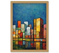 Colourful Cityscape Building Blocks Reflecting On Water Artwork Framed Wall Art Print A4 Artery8 Light Oak One Size