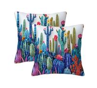 Colourful Cushion Covers 35 x 35 cm Set of 2 Outdoor Cushions Cactus, Waterproof Linen Square Pillow Covers with Stitched Edge, Outdoor Throw Pillow Decorative for Home Garden Furniture Patio S-844