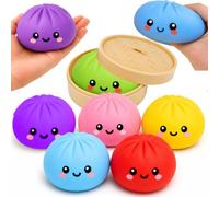 Colourful Dumpling Toys 8.5cm - 6x Random Squishy Bao Bun with Plastic Steamer Box, Fidget Mystery Squeeze Toy, Reusable Basket, Kids Party Bag Gift Age 3+