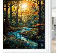 Colourful Forest Window Privacy Film Natural Sunny Trees River View Stained Glass Window Film Sun Blocking Heat Control Decorative Window Covering Film for Home Office 60 x 90 cm