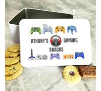 Colourful Gaming Snacks Controllers Personalised Rectangle Treat Tin Personalised Gift | Custom Gift | Personalized Tin | Cake, Biscuit & Treat Tins | Gift For Her | Gift For Him