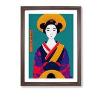 Colourful Geisha No.5 Framed Print | A2 Walnut Framed Wall Art | Ready to Hang | Modern Nature Picture | Living Room Bedroom Lounge Office