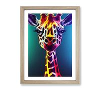 Colourful Giraffe No.3 Framed Print for Living Room Bedroom Home Office Décor, Wall Art Picture Ready to Hang, Oak A4 Frame (34 x 25 cm)