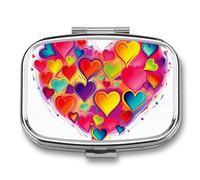 Colourful Heart Pill Box Travel Pill Organizer 2 Compartment Weekly Pill Case with Mirror A Day Medicine Container Medicine Organizer for Purse, Pocket, Or Wallet
