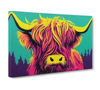Colourful Highland Cow Canvas Wall Art Print 30x20 Inch
