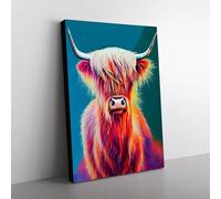 Colourful Highland Cow No.2 Teal, Red, Brown Canvas Wall Art Print Ready to Hang, Framed Picture for Living Room Bedroom Home Office Décor, 76x50 cm (30x20 Inch)