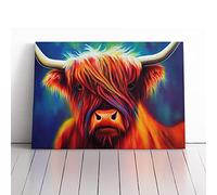 Colourful Highland Cow Vol.2 Blue, Blue, Red | Canvas Wall Art Print | Framed & Ready to Hang Picture | Modern Home Decor for Living Room, Bedroom, Kitchen or Office | 30x20 Inches