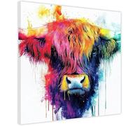 Colourful Highland Cow Wall Art Decor, Waterproof Wood Framed Canvas, Animals Abstract Prints, High-end Pictures for living room, Bedroom, Kitchen, Office (41 x 41 cm - 16" x 16" inch)
