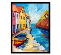 Colourful Houses Boat English Seaside Town Framed Art Print Artery8 Multi W12 inch x H16 inch