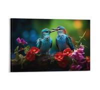 Colourful Hummingbird Canvas Wall Art, Funny Nature Bird Tree Branch Flower Painting Print on Textured Canvas, Wall Poster Artwork for Living Room Bedroom Office Decor Frame 20x30inch(50x75cm)