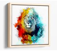 Colourful Lion Sketch Canvas Floater Frame Square Print Picture Art - Light Oak Frame 20 inch wide x 20 inch high