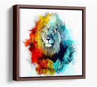 Colourful Lion Sketch Canvas Floater Frame Square Print Picture Art - Walnut Frame 16 inch wide x 16 inch high